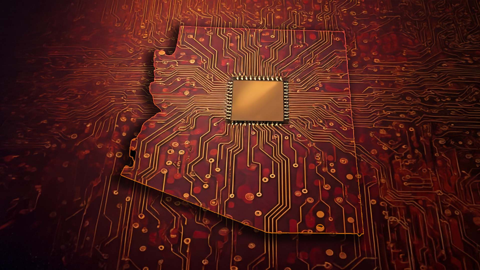 Outline of Arizona filled with gold circuit patterns, featuring a central microchip, set against a dark red and gold circuit board background.