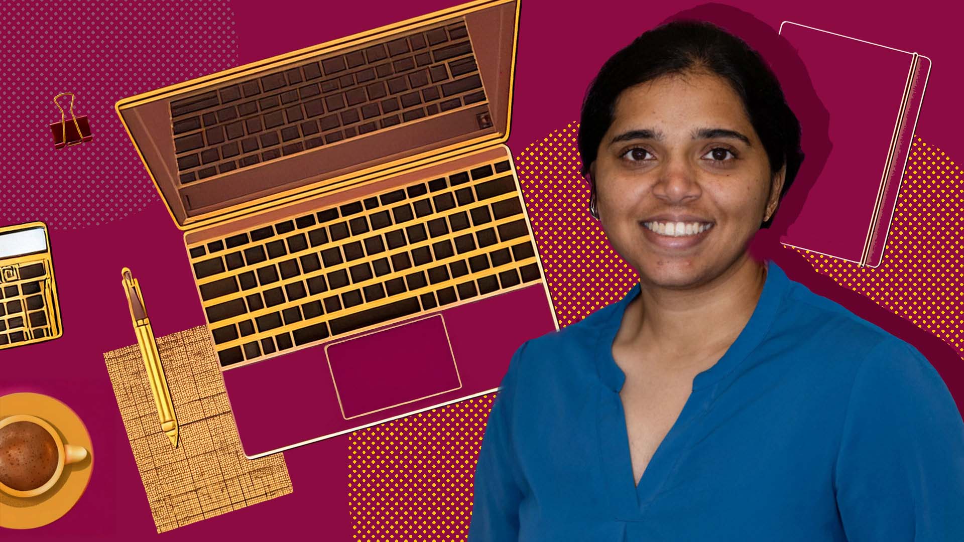 A smiling woman in a blue shirt stands in front of a graphic background featuring illustrations of a laptop, notebook, pen, calculator, and coffee cup.